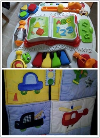 baby music table, crib mattress and baby quilt 1
