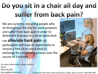 Stanford Back Pain Study Recruiting - receive sit-stand desk 1