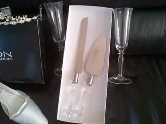 Wedding Set-Veil, Shoes 6.5, cake cutter & server, glasses $75 2