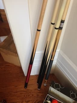 complete set of pool balls, 4 cues and 1 triangle and brush - $100 4