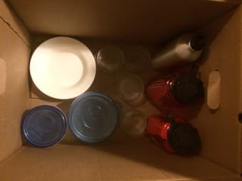 water bottles, plastic plates, pudding cups, plastic bowls 1