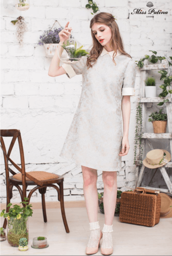 MissPatina Retro Embroidery 3/4 sleeve Preppy Mod Dress-Grey-$129 2