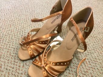 Stephanie ballroom / latin dance shoes, dark tan satin, $45 1