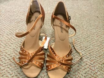 Stephanie ballroom / latin dance shoes, dark tan satin, $45 2