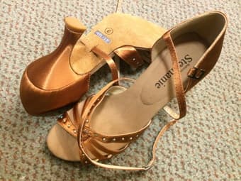 Stephanie ballroom / latin dance shoes, dark tan satin, $45 3