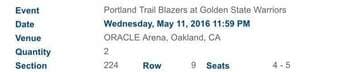 Warriors VS Trailblazers Round 2 Game 5 tickets (May 11)  - $220 ea 1