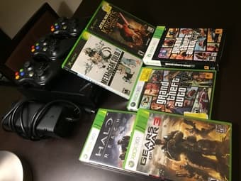 XBox 360, 3 controls, 6 games, power cord 1