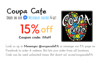 15% off at Coupa Cafe (coupon code) 2