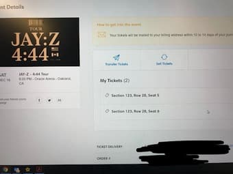 Jay-Z 4:44 Tickets: Sec 123, Row 28, Seats 5&6 1