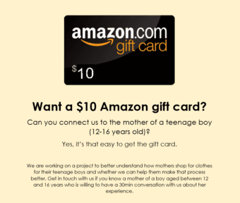 $10 amazon gift card to connect us to moms of teenage boys (12-16y) 1