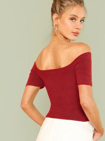 SHEIN Wrap Design Bardot Ribbed Top 1