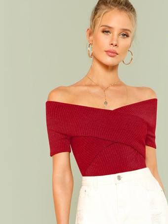 SHEIN Wrap Design Bardot Ribbed Top 2