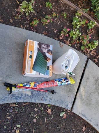 Air mattress, hiking pole, kite, bathroom stuff 1