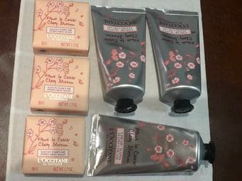 3 sets of loccitane cherry hand cream and soap, rituals showerfoam 1