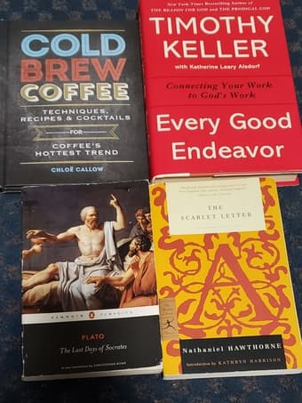 books (Tim Keller, Plato, Hawthorne, coffee) 1
