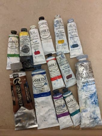 oil colors, oil painting knife set, brushes, and tool box 1