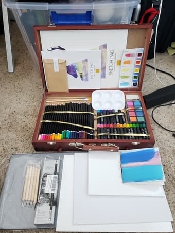 New oil pastels, watercolors, brushes, colored pencils,wood case 35OBO 1