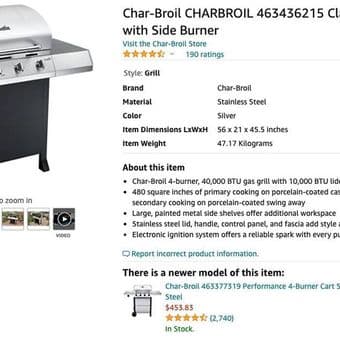 Char-Broil CHARBROIL 463436215 Classic 4-Burner Gas Grill +Side Burner 1