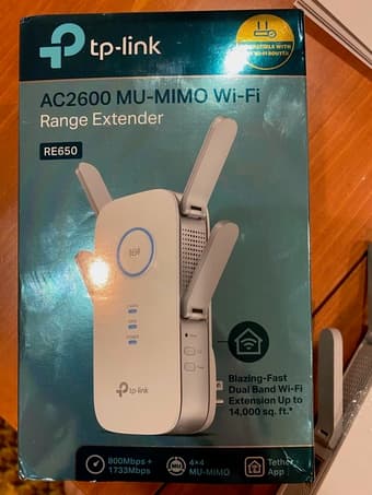 WiFi range extender: TP Link AC2600 WiFi Extender, Model RE650 1
