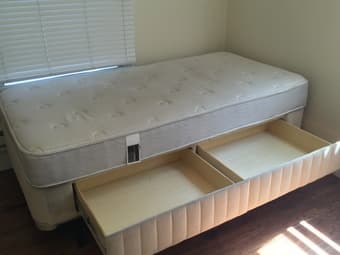 Free twin mattress, platform with storage drawers, and frame 2