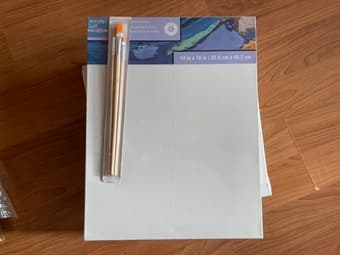 Blank canvas, wooden plank, acrylic paint, paint brushes 1