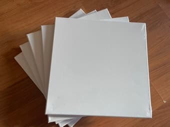 Blank canvas, wooden plank, acrylic paint, paint brushes 2