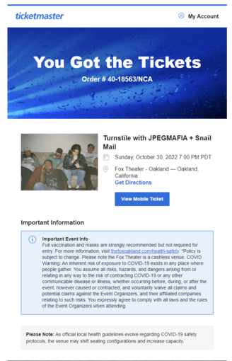 October 30 Turnstile with JPEGMAFIA + Snail Mail Floor Tickets 1
