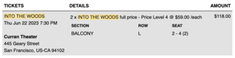 Two Tickets to Into The Woods in SF June 22 1