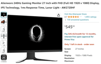 [SALE] Alienware 240Hz Gaming Monitor 27 Inch 1