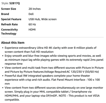 Dell 4K S2817Q 28" Screen LCD Monitor 2