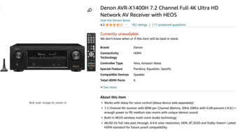 Denon AVR-X1400H 7.2 Channel Full 4K Ultra HD Network AV Receiver with 1