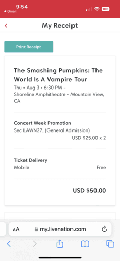 Smashing pumpkins: world is vampire tour (2 tickets) 8/3, Thursday 2