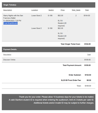 SF Ballet at Stanford Frost this Fri, 2x great seats, SUID 2