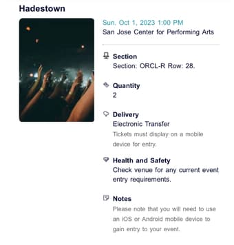 Hadestown - Sun 1st Oct - 2x matinee tickets - San Jose 1
