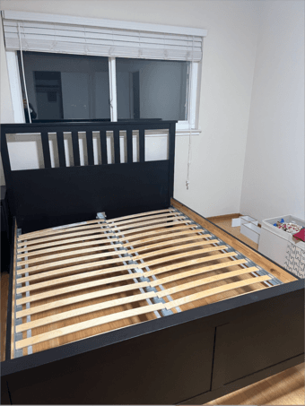 Black bed frame with bedside table, excellent condition (Menlo Park) 1