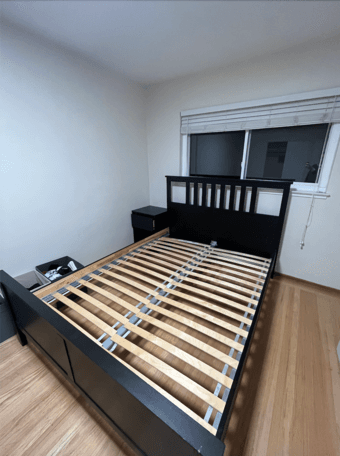 Black bed frame with bedside table, excellent condition (Menlo Park) 2