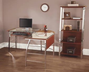 L desk with matching shelf (glass, wood, metal) 1