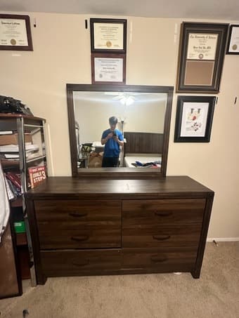Bedroom Sets: Queen size, 6 drawer mirror/dresser, 2 drawer nightstand 2