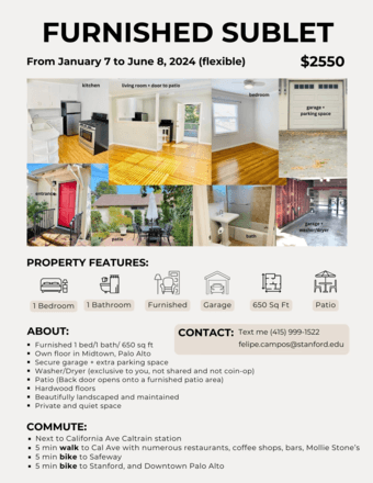 1B/1Ba 5-6 Month sublease next to Caltrain & Campus 1