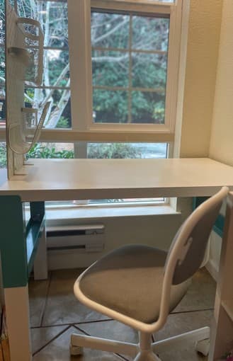 For kids: Ikea Pahl desk + Skadis pegboard with baskets + chair 2