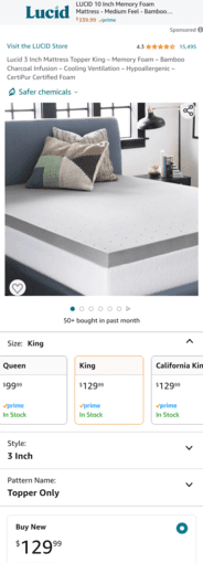 Lucid 3inch memory foam King mattress topper 2