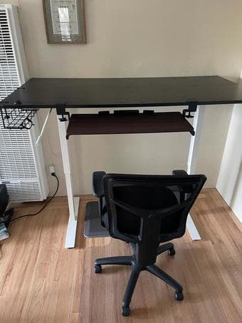 Standup desk, keyboard, chair, mat 1