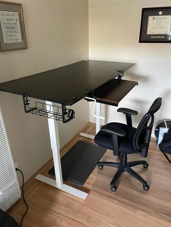 Standup desk, keyboard, chair, mat 2