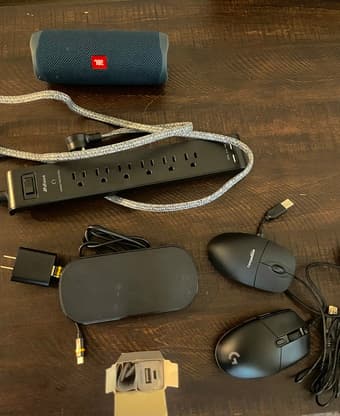 Speaker, power strip, wireless charger, mouse, charger 1