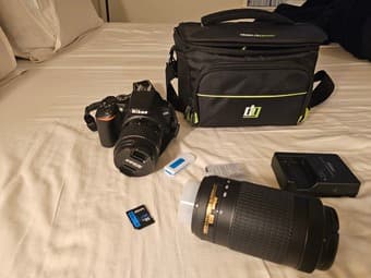 Nikon D3500 DSLR w/ 55 mm lens, bag, memory card 1