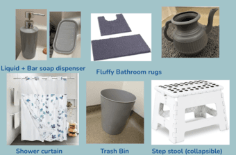 Bathroom Items: Rugs, Soap Dispensers, Shower Curtain, Trash Bin 1