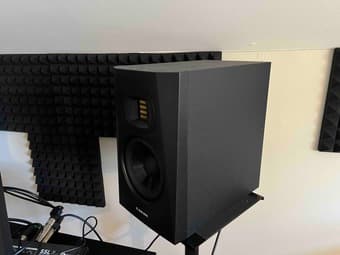 2 ADAM Audio T5V 5 inch Powered Studio Monitors + Stands 1