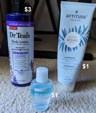 Dr Teal's lotion, conditioner, Maybelline eye+lip makeup remover 1