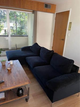 Like New Blue Velvet L-Shaped Sofa 1