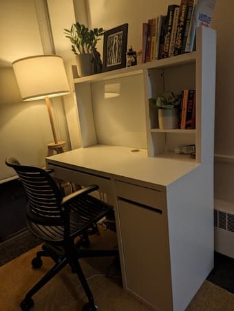 Desk, microwave, vacuum cleaner, chair, iron, various household items 3